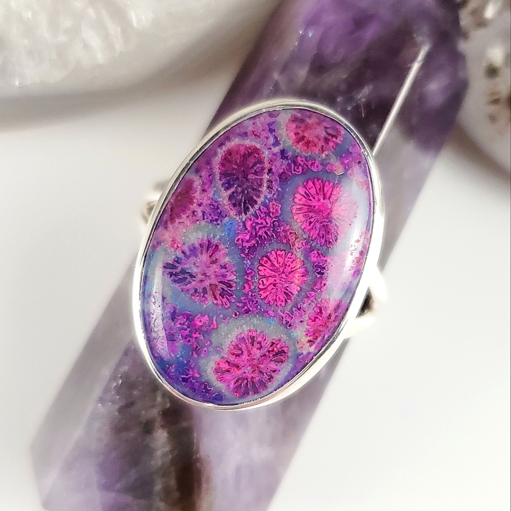 Sterling Silver Purple Fossil Coral Ring Size 10